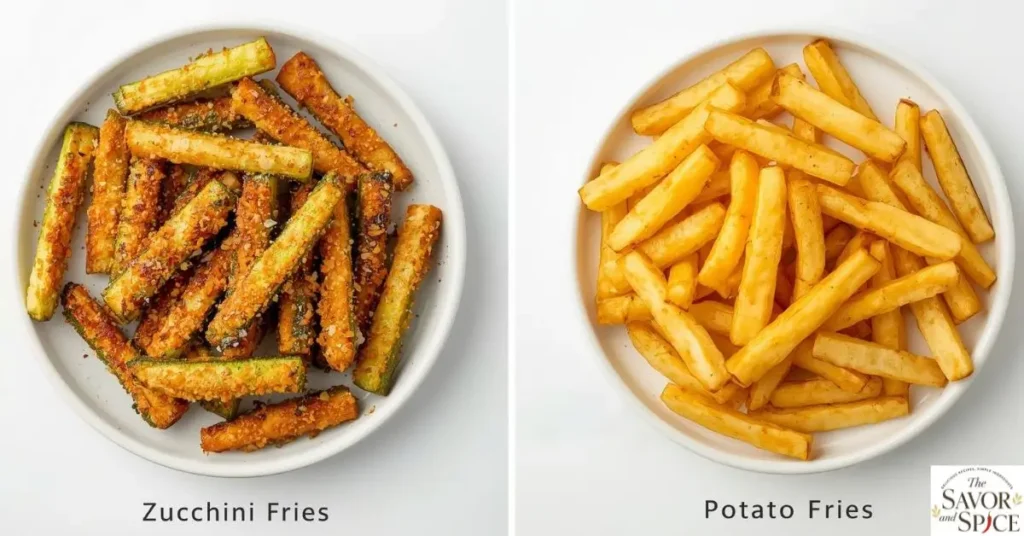 Side-by-side comparison of crispy air fryer zucchini fries and golden potato fries on a plate, showing healthy vs classic snack options, perfect for easy homemade recipes.
