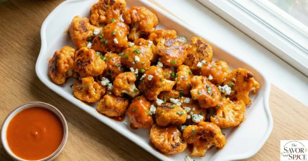 Crispy air fryer buffalo cauliflower bites in a full white tray.