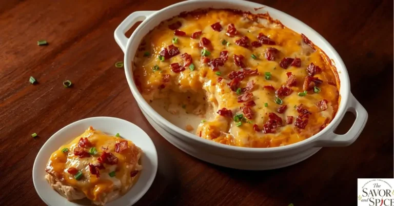 Cheesy Chicken Bacon Ranch Casserole served in dish.