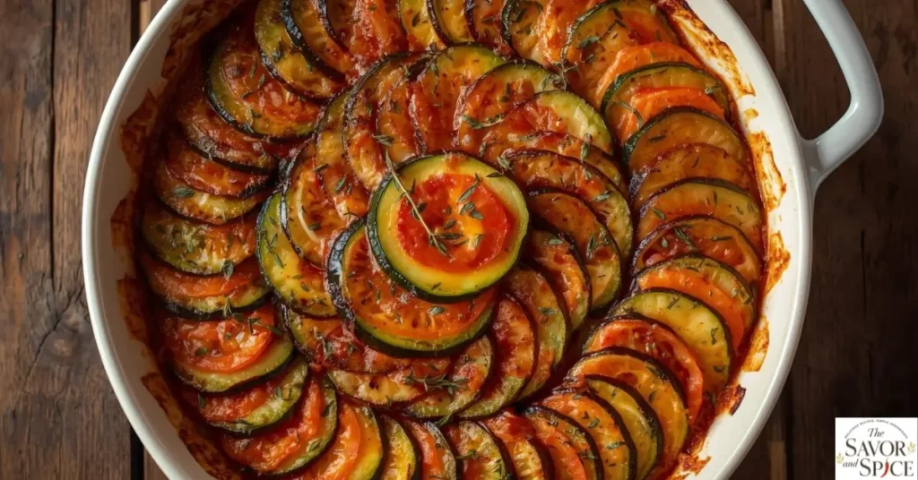 Layered easy homemade ratatouille recipe in a white ceramic dish with zucchini, eggplant, and tomato slices arranged in a spiral and baked to golden perfection.