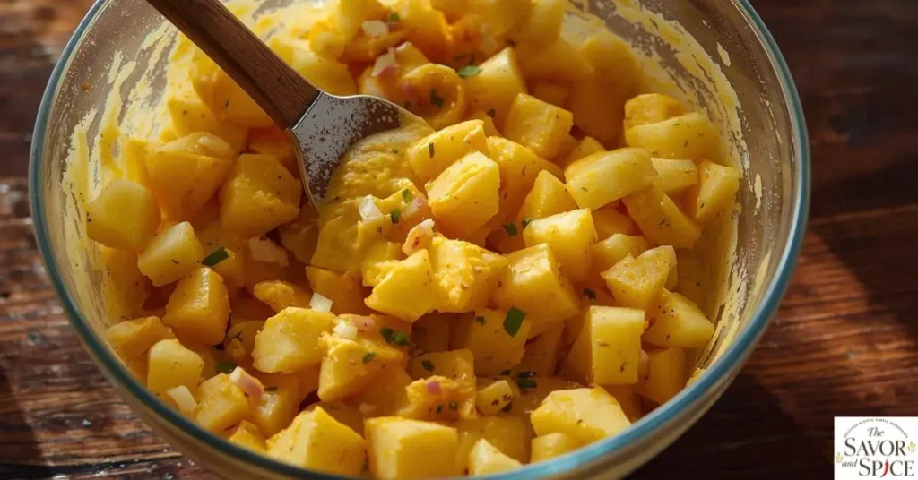 combining dressing and potatoes to make creamy potato salad.