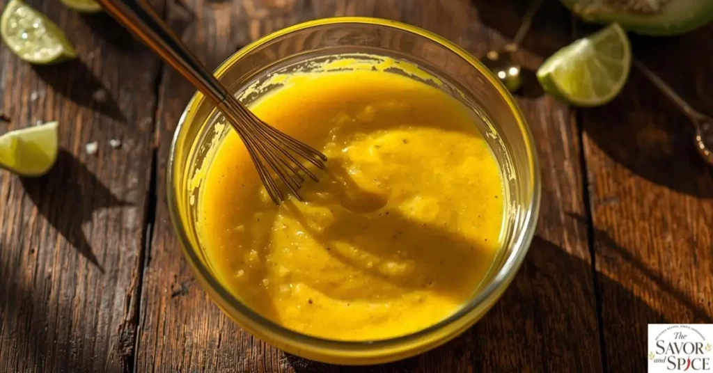 Creamy Ají Amarillo dressing with Greek yogurt and mayonnaise being whisked in a bowl for Peruvian Potato Salad.