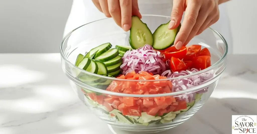 Add vegetables to cucumber tomato salad in a clear glass bowl.