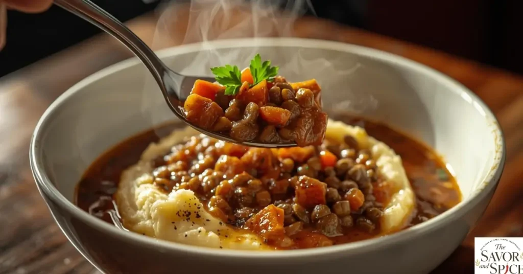 Lentil stew over mashed potatoes with steam rising in a white bowl.