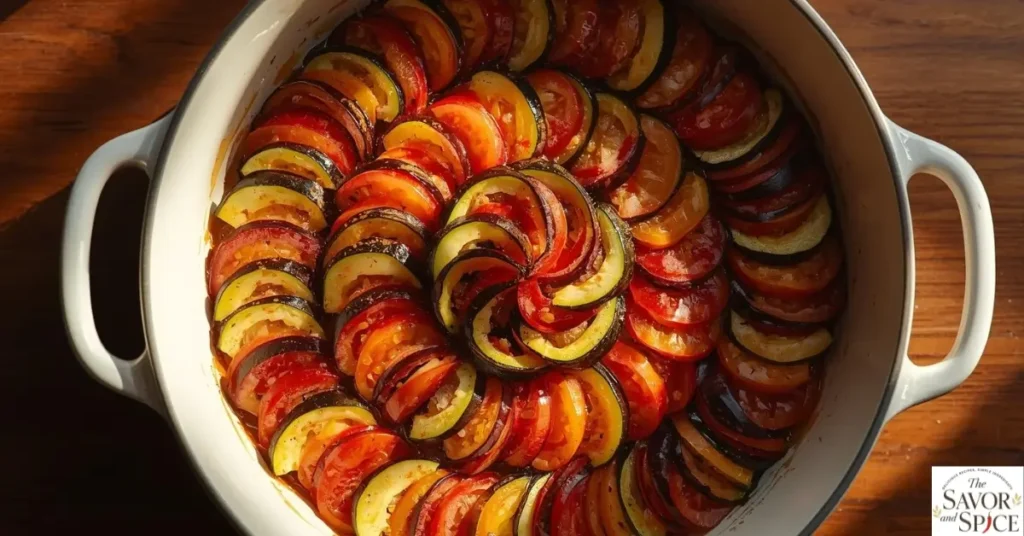 Slicing and layering eggplant, zucchini, and tomatoes in a spiral for classic ratatouille recipe in a ceramic dish.