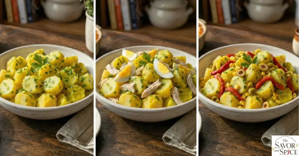 Collage of Peruvian Yellow Potato Salad variations: vegan, protein-boosted, and festive holiday versions in rustic white bowls.