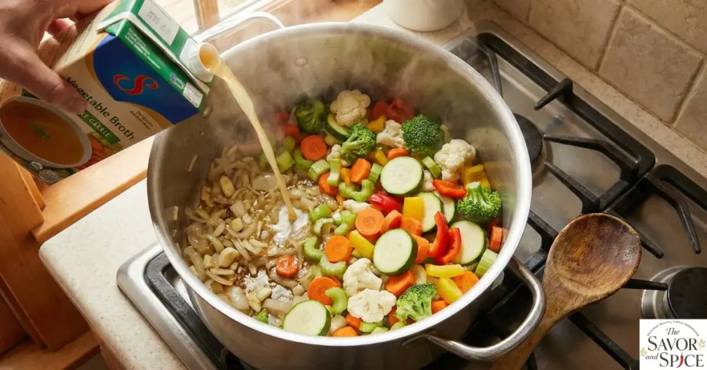 Adding vegetables and broth to pot for quick vegetable soup recipe.