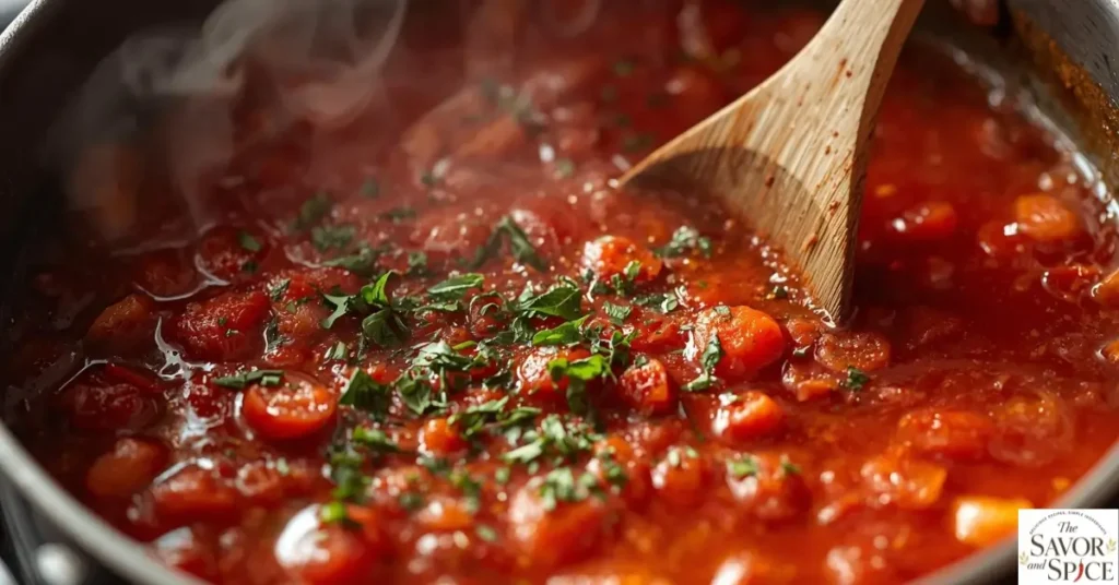 Simmering crushed tomatoes with basil and parsley for a ratatouille recipe, creating a rich tomato base.