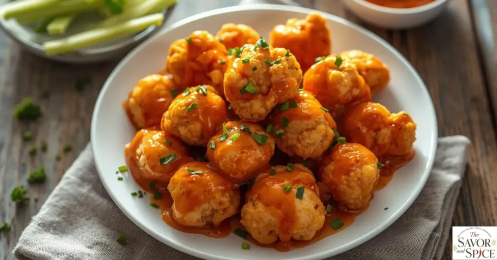 Crispy vegan buffalo cauliflower bites served on a white plate with dipping sauce.