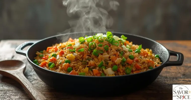 Vegetable fried rice in 15 minutes with fresh carrots, peas, bell peppers, and green onions, served in a white bowl on a kitchen countertop.