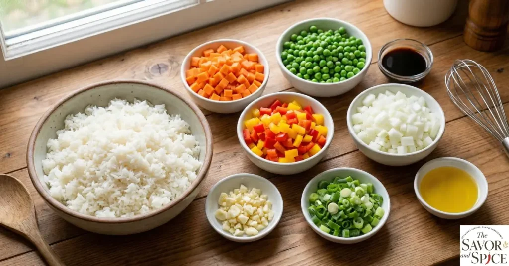 Fresh ingredients for vegetable fried rice including chopped carrots, peas, bell peppers, onions, garlic, cooked rice, soy sauce, and oil arranged on a wooden kitchen countertop.