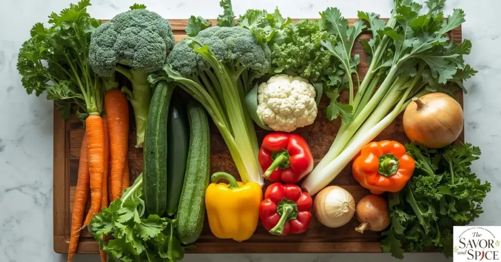 Ingredients for vegetable soup : whole carrots, broccoli, zucchini, cauliflower, celery, leafy greens, bell peppers, and onions.