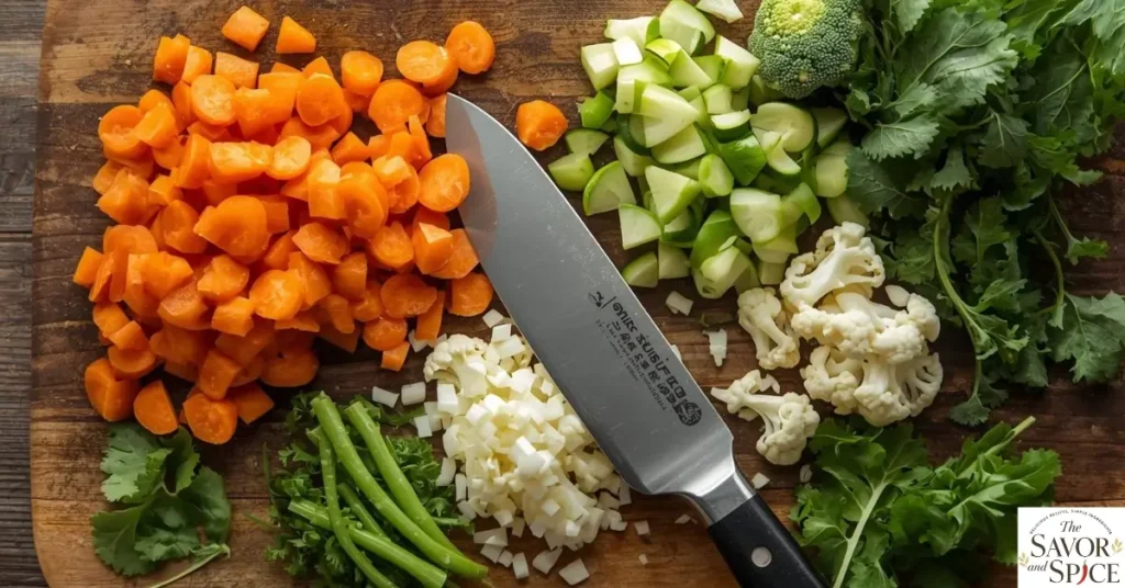 Cutting vegetables for vegetable soup recipe including carrots, celery, zucchini, broccoli, and cauliflower.