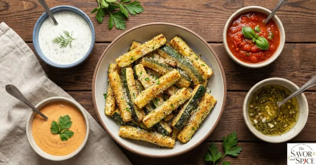 Small bowls of ranch, marinara, taco dressing, and marinade sauces served alongside crispy air fryer zucchini fries, perfect for dipping and enjoying healthy vegetable snacks.