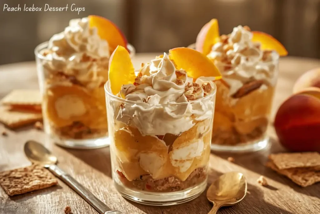 Peach icebox dessert cups with whipped cream, graham crackers, and fresh peaches, light and refreshing no-bake summer dessert