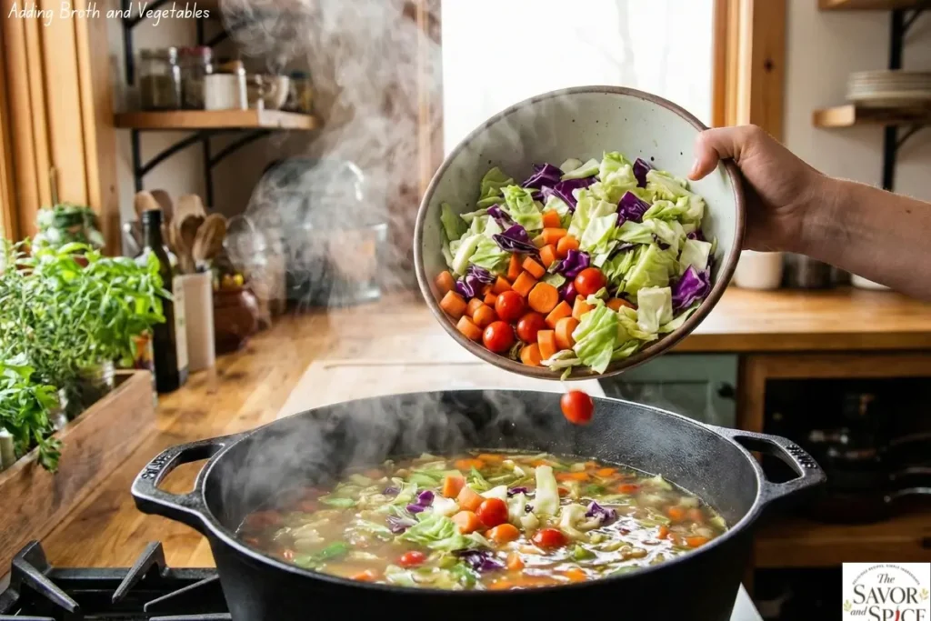Vegetables and broth added to pot for easy cabbage soup.