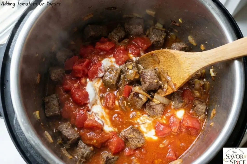 Chopped tomatoes and yogurt being mixed into browned beef and aromatics in an Instant Pot.