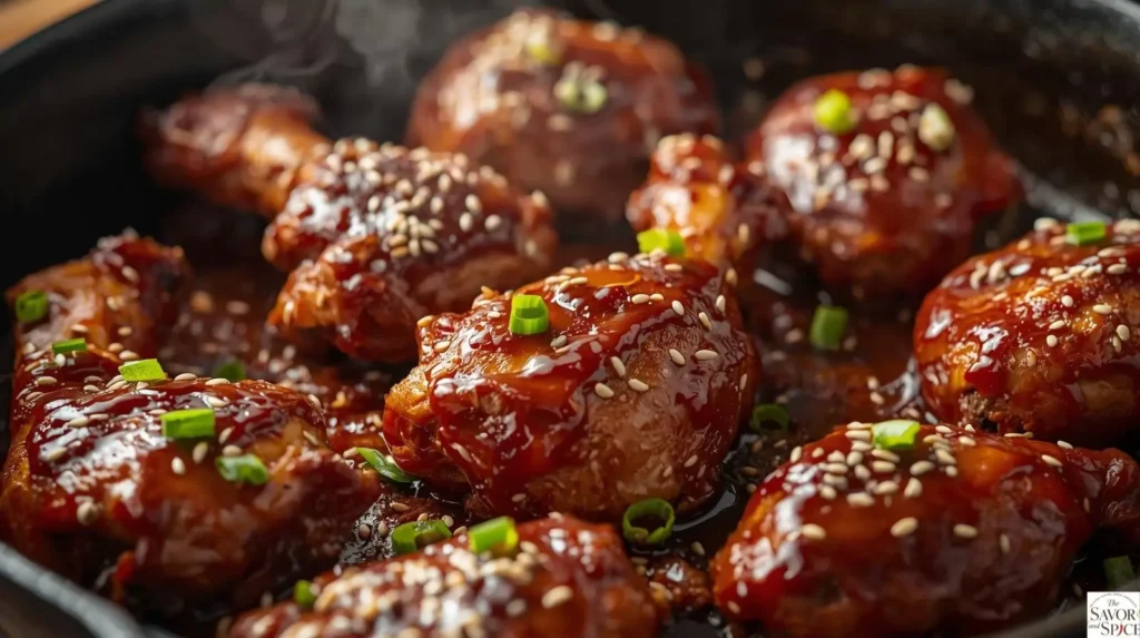BBQ chicken skillet with juicy chicken coated in smoky barbecue sauce in a pan.