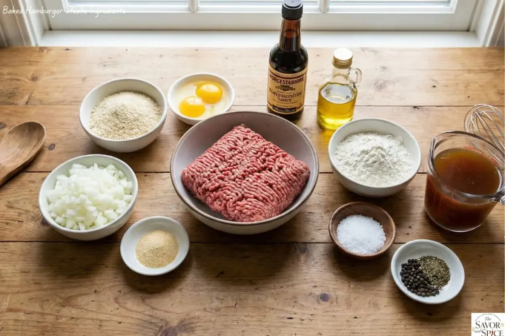 Ingredients for Oven Baked Hamburger Steaks: ground beef, eggs, breadcrumbs, onions, garlic powder, Worcestershire sauce, oil, flour, and beef broth.