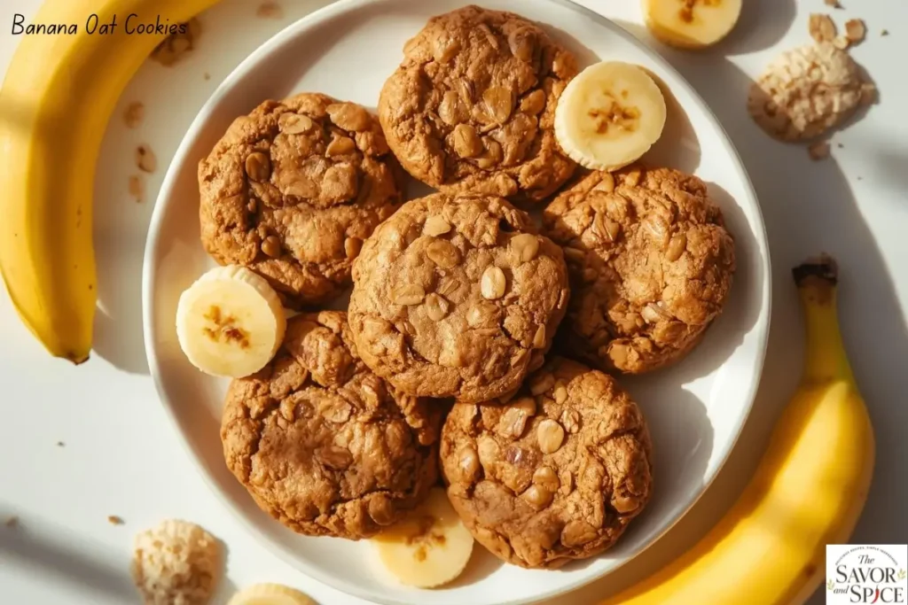 Banana oat cookies on a rustic plate with banana slices around - simple 3-ingredient no-bake treats, quick and healthy pantry-friendly desserts