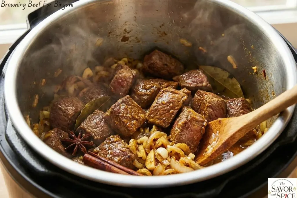 Sautéing aromatics like onions, garlic, ginger, and whole spices in ghee to build the flavorful base for One Pot beef biryani.