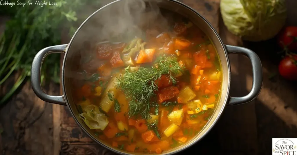 Cabbage soup for weight loss served in a pot with fresh herbs on top, ready to eat.