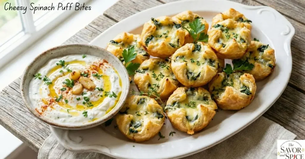 Cheesy Spinach Puff Bites with melted cheese and fresh spinach on a serving plate.
