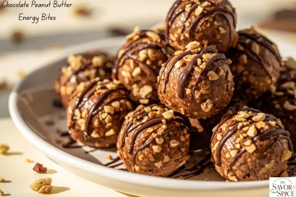Chocolate peanut butter energy bites - Easy 3-Ingredient No-Bake Desserts You Can Make Today, stacked on a plate with crushed nuts, colorful and appetizing.