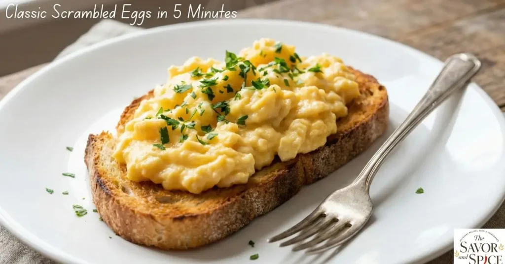 Classic scrambled eggs on toast ready in 5 minutes, fluffy and golden, served on a clean white plate with fresh parsley garnish – quick and easy breakfast idea.