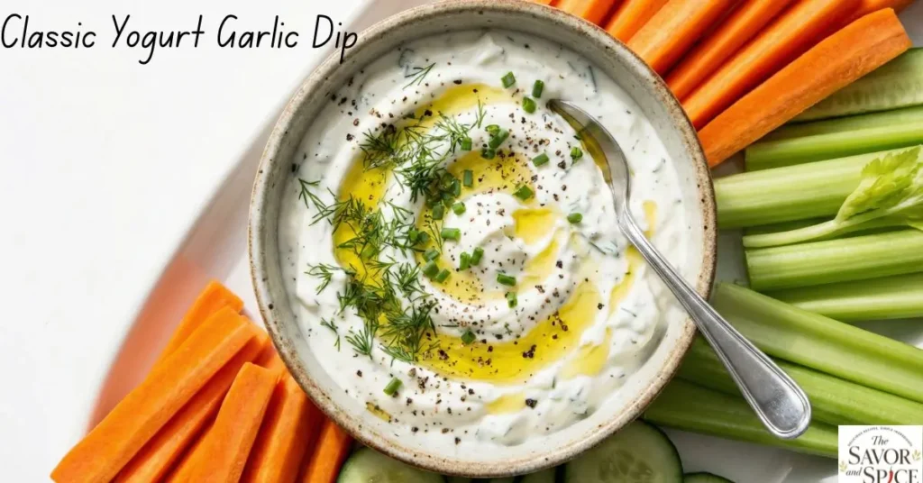 Classic Yogurt Garlic Dip from Simple Homemade Dips for Vegetables served with carrot, cucumber, and celery sticks.