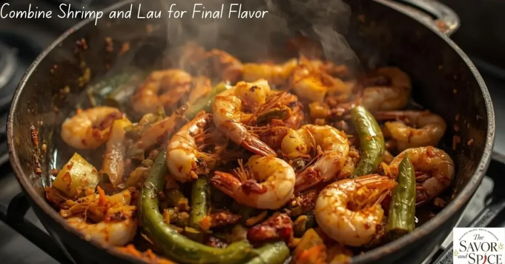 Combining lightly fried shrimp and sautéed bottle gourd with Bengali spices to make the final flavorful Lau Chingri Bhaja recipe.