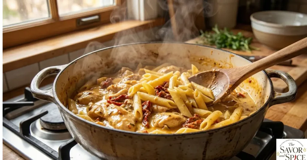 Combining pasta with creamy sauce for Marry Me Chicken Pasta recipe for lunch.