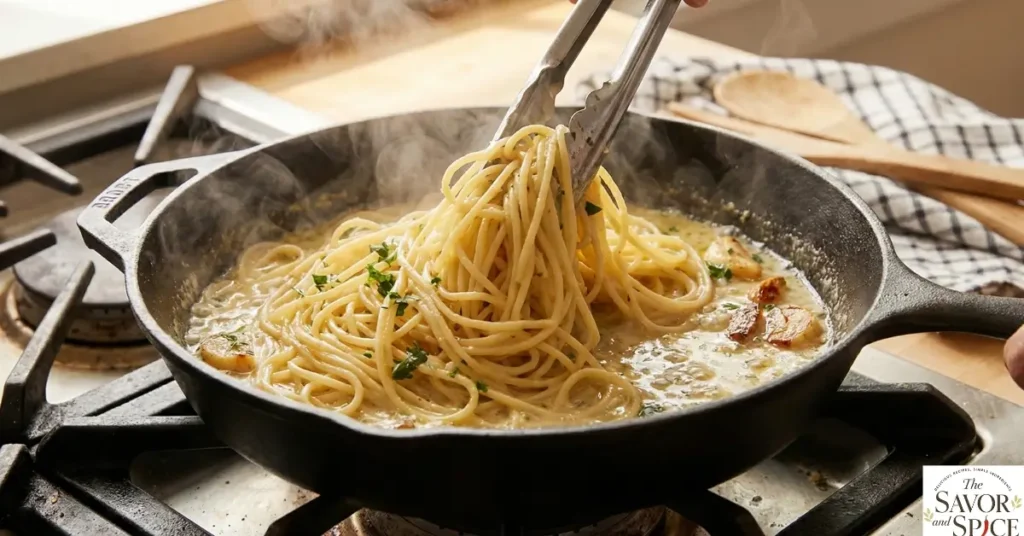 Mixing noodles into garlic butter sauce for Garlic Butter Noodles Recipe.