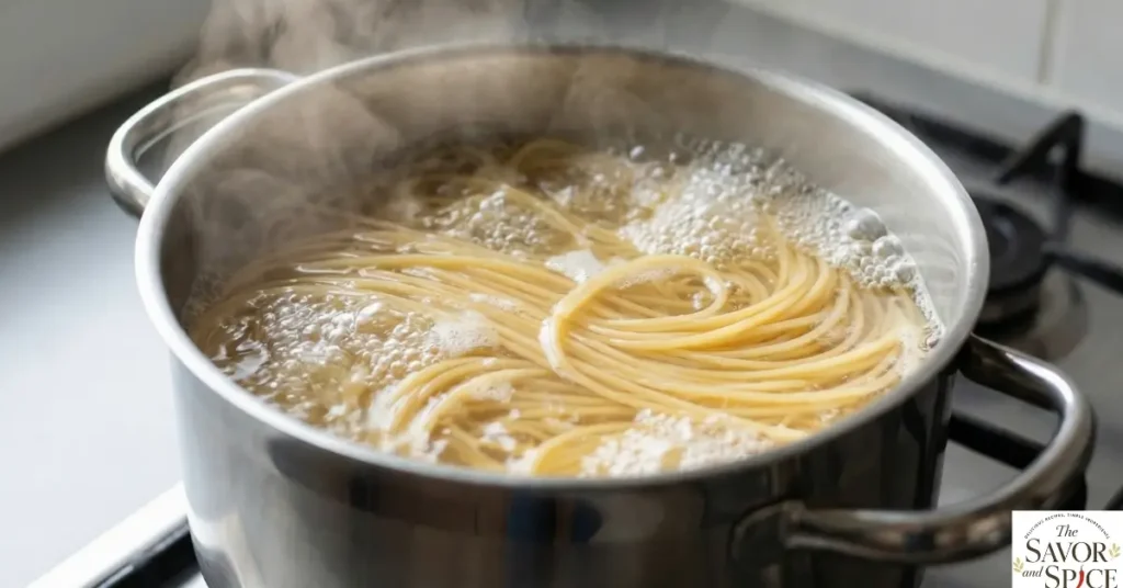 Cooking noodles in boiling water for Garlic Butter Noodles Recipe.