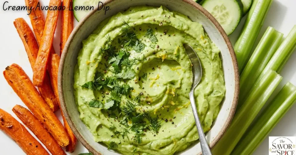 Avocado Lemon Dip from Simple Homemade Vegetables dips served with carrot, cucumber, and celery sticks.