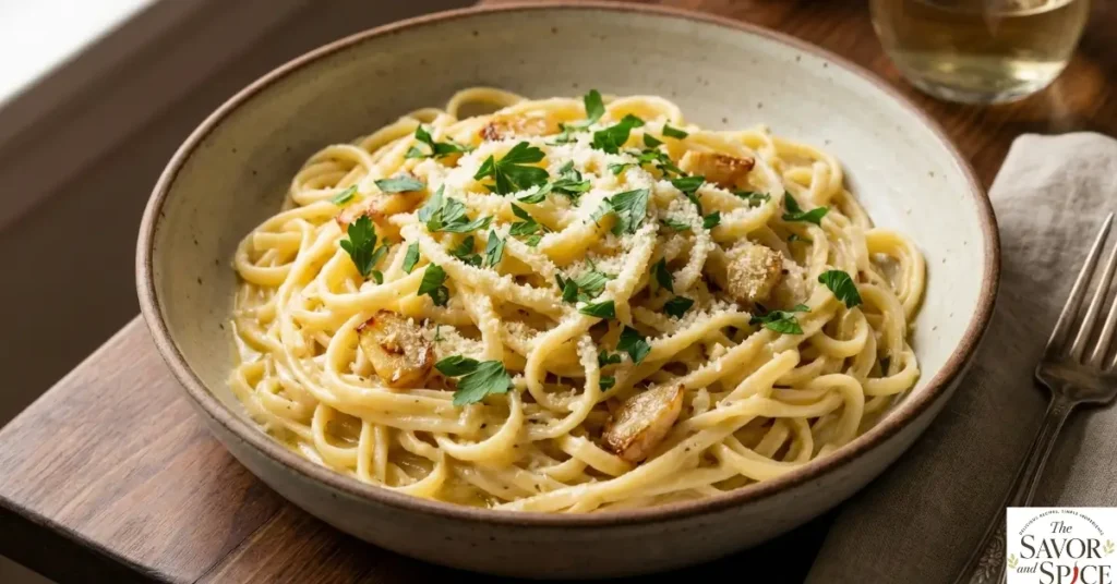 Garnished creamy garlic butter noodles served in a large bowl on a dark brown wooden table.