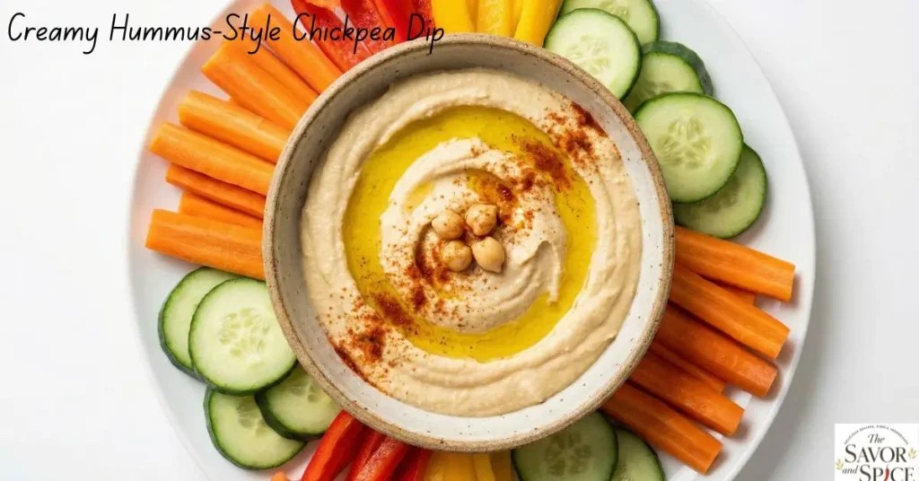 Hummus-Style Chickpea Dip from Simple Homemade Dips for Vegetables served with carrot, cucumber, and bell pepper sticks.