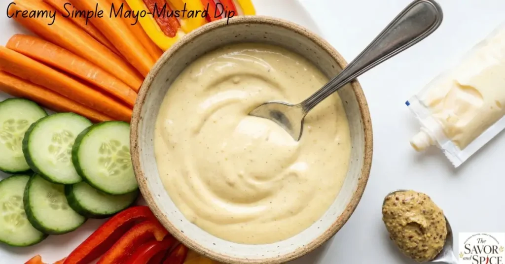 Simple Mayo-Mustard Dip for Vegetables served with carrot, cucumber, and bell pepper sticks.