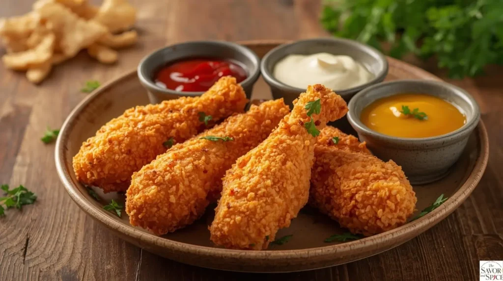 Crispy chicken tenders served golden brown with dipping sauces on a plate.