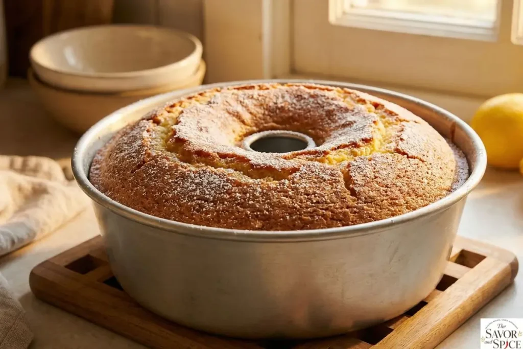 Freshly baked lemon jello cake cooling in pan.