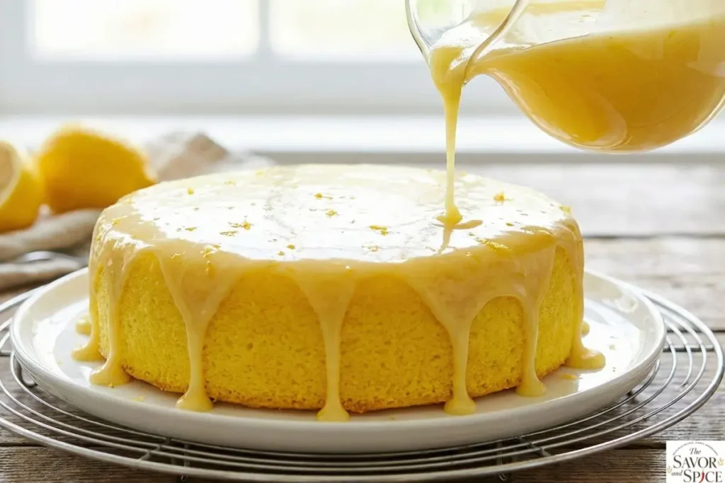 Pouring lemon glaze over lemon jello cake.