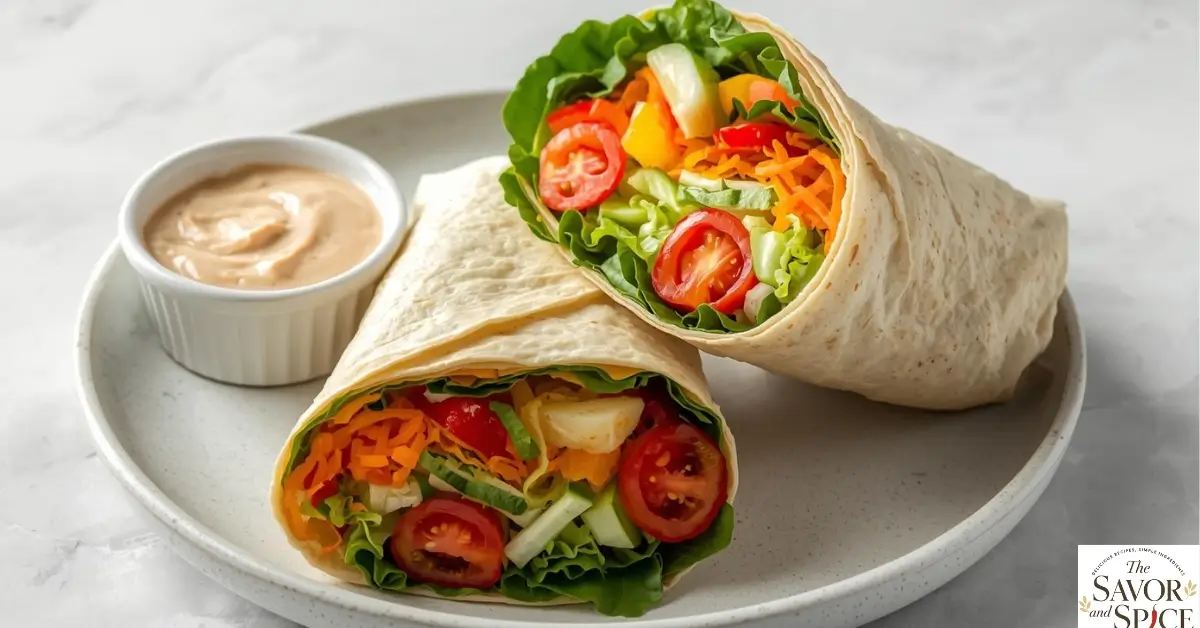 Close-up of a colorful veggie dinner wrap without oven, one half cut open to show fresh bell peppers, carrots, cucumber, lettuce, and cherry tomatoes, served with hummus sauce on the side.