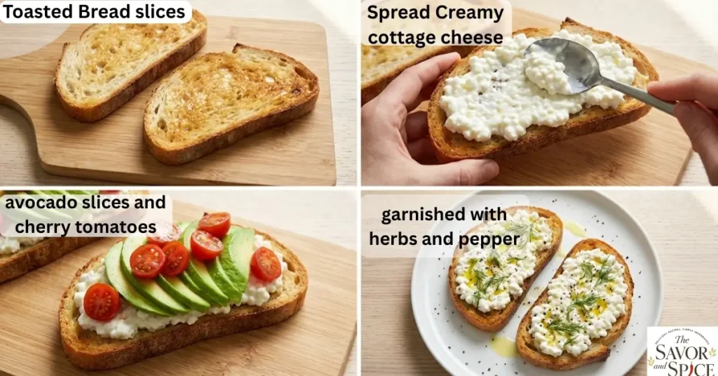 Step by step process of making savory cottage cheese toast.