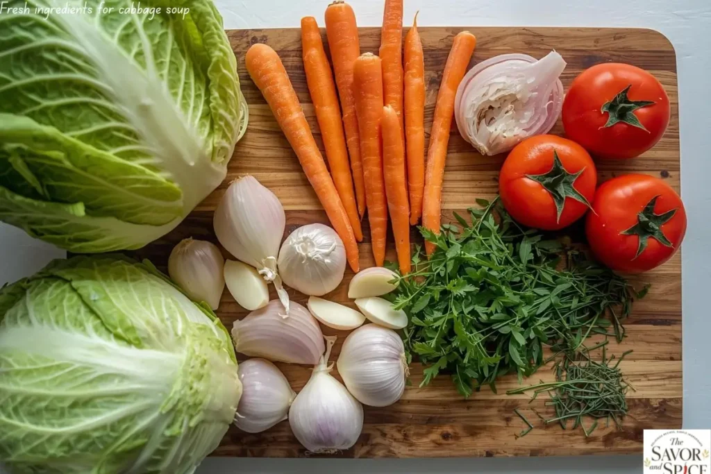Ingredients for easy cabbage soup for weight loss displayed on a cutting board.