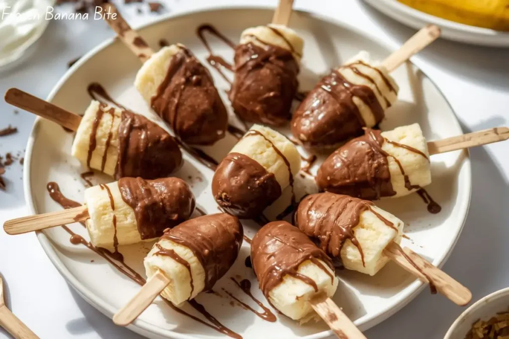Chocolate-dipped frozen banana bites with peanut butter filling, fun 3-ingredient no-bake snack for kids and summer treats