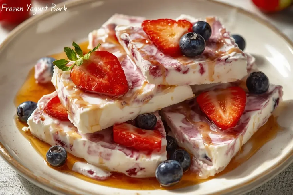 Healthy frozen yogurt bark with berries and honey, light 3-ingredient no-bake dessert perfect for hot summer days