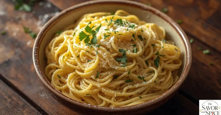 Creamy Garlic Butter Noodles Recipe in a large bowl on a dark brown wooden table, garnished with parsley and Parmesan.