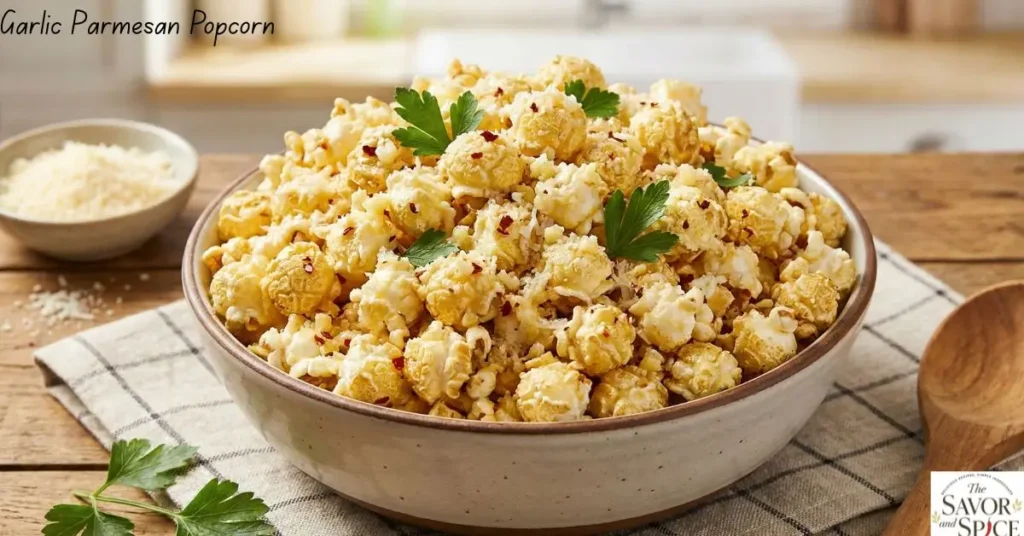 Garlic Parmesan Popcorn in a bowl, topped with melted butter, garlic, Parmesan cheese, and chili flakes.