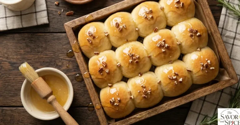 12 soft dinner rolls in a tray with shiny honey butter glaze for dinner rolls.
