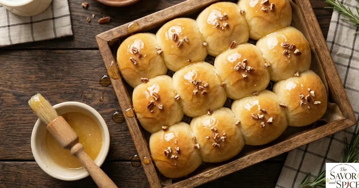 12 soft dinner rolls in a tray with shiny honey butter glaze for dinner rolls.